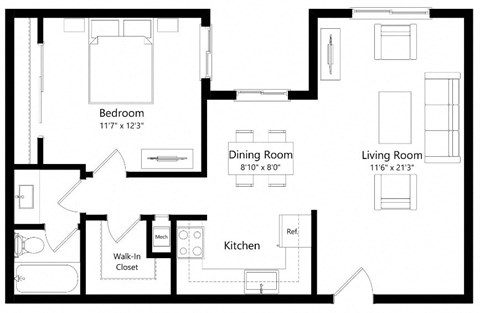 Floor plan for 1 bed, 1 bath, 665 sqft